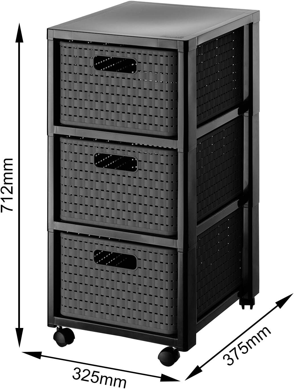 Rotho Country Rollcontainer mit 3 Schubladen in Rattan-Optik, Kunststoff (PP) BPA-frei, anthrazit, 3