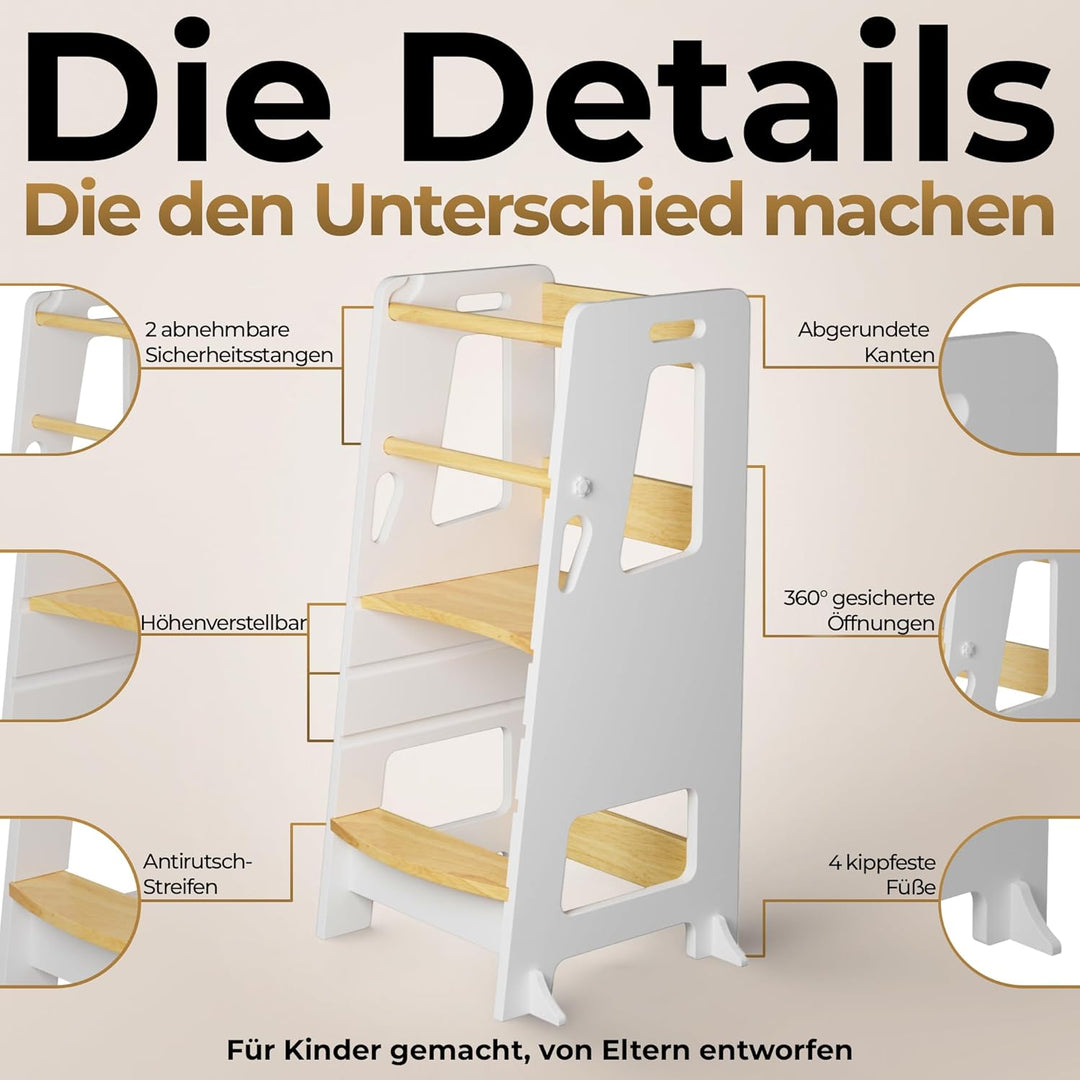 BEY & CO® Lernturm/Entdeckerturm aus Holz – Küchenhelfer für Kinder – 3-Fach höhenverstellbar, mit R