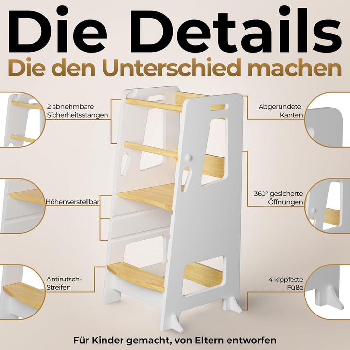 BEY & CO® Lernturm/Entdeckerturm aus Holz – Küchenhelfer für Kinder – 3-Fach höhenverstellbar, mit R