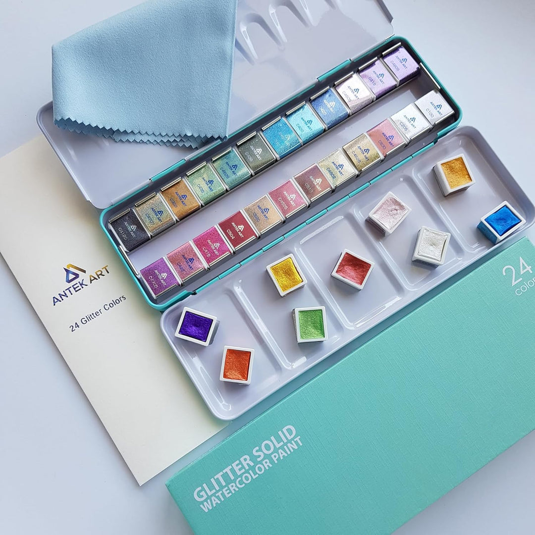 Aquarellfarben Set [24x Metallic Glitzerfarben] – Aquarell Set unterwegs im Metallkoffer inkl. Misch