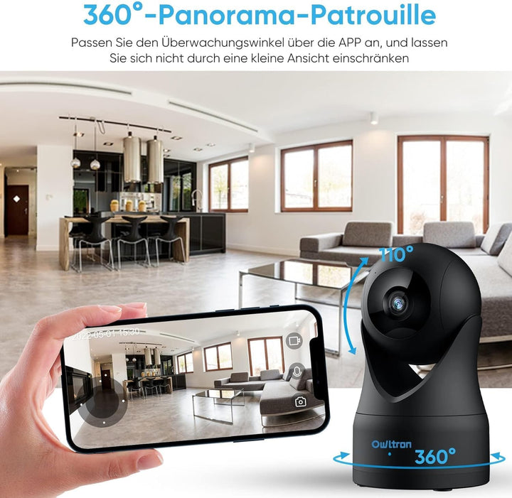 owltron Überwachungskamera innen, Babyphone mit Kamera und app, 360°WLAN IP Kamera mit Bewegungserke