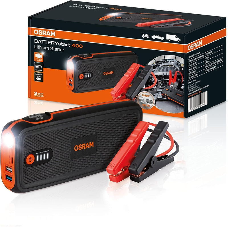 OSRAM BATTERYstart 400, KFZ Starthilfe, Lithium Batteriestarter 2000A 12V mit Powerbank Funktion für