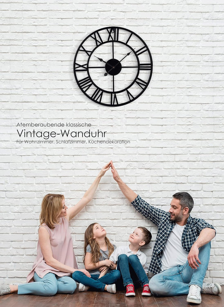 Grosse Wanduhr im Vintage-Stil, rund, geräuschlos, schwarz. Gratis dazu EIN Extraset Uhrzeiger in Go