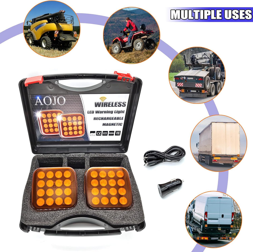 AOJO 2Pack Orange LED Warnleuchte Set - 3 Blitzmuster, 12V 24Volt Warnblitzer Akku mit E-Prüfzeichen