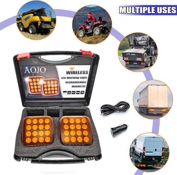 AOJO 2Pack Orange LED Warnleuchte Set - 3 Blitzmuster, 12V 24Volt Warnblitzer Akku mit E-Prüfzeichen