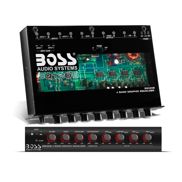 Boss Audio EQ1208 Verstärkter 4-Band-Equalizer mit Subwoofer-Steuerung 4-Band-Vorverstärker-EQ, 4-Ba