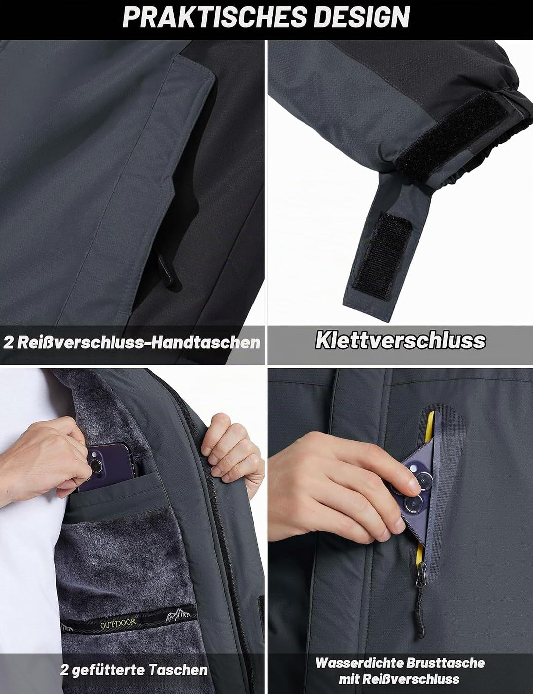 TACVASEN Herren Warme Skijacke Gefütterte Winterjacke Wasserabweisende Funktionsjacke mit Abnehmbare