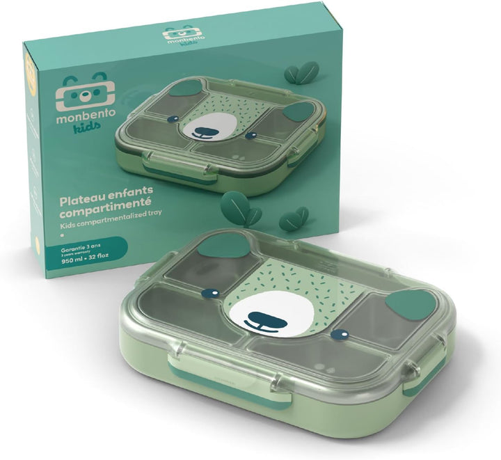 monbento - Kinder Lunchbox Wonder grün Bear - Brotdose Kinder mit Fächern - Edelstahl-Esstablett mit