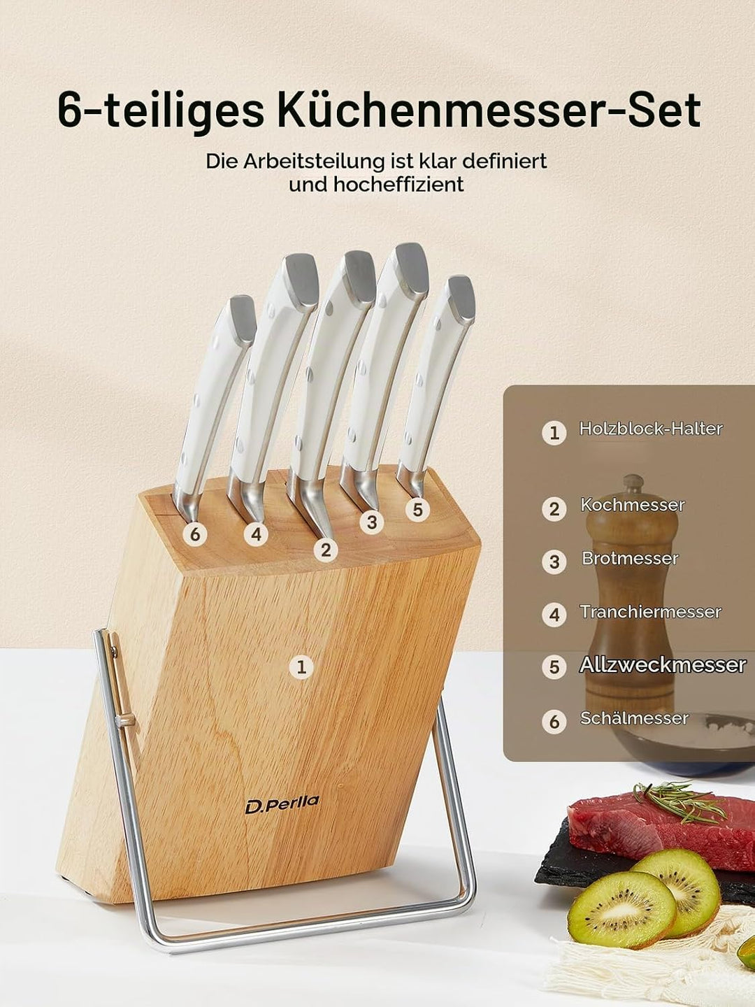 D.Perlla Messerblock Set 6 teilig Messerset mit Holzblock Küchenmesser Set mit Scharfe Klingen, Edel