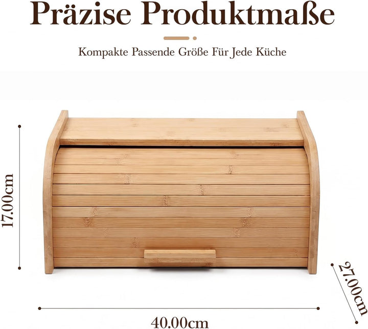 Grosser Brotkasten aus Naturholz, 41 x 27 x 13 cm – Traditioneller Brotkasten mit Rollverschluss – B