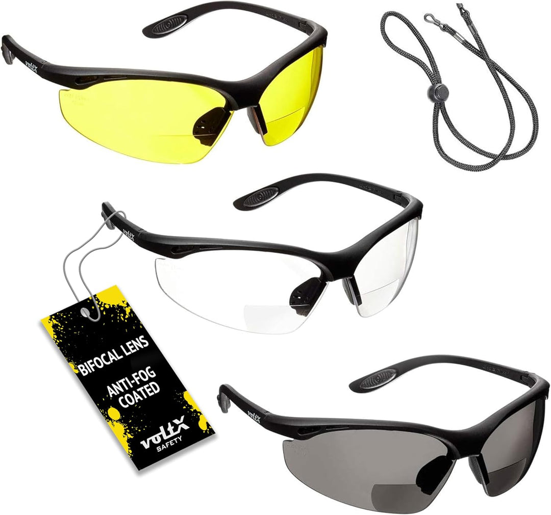 3 x voltX 'Constructor' BIFOKALE Schutzbrille mit Lesehilfe (+2.0 Dioptrie klare, gelbe & rauchgraue