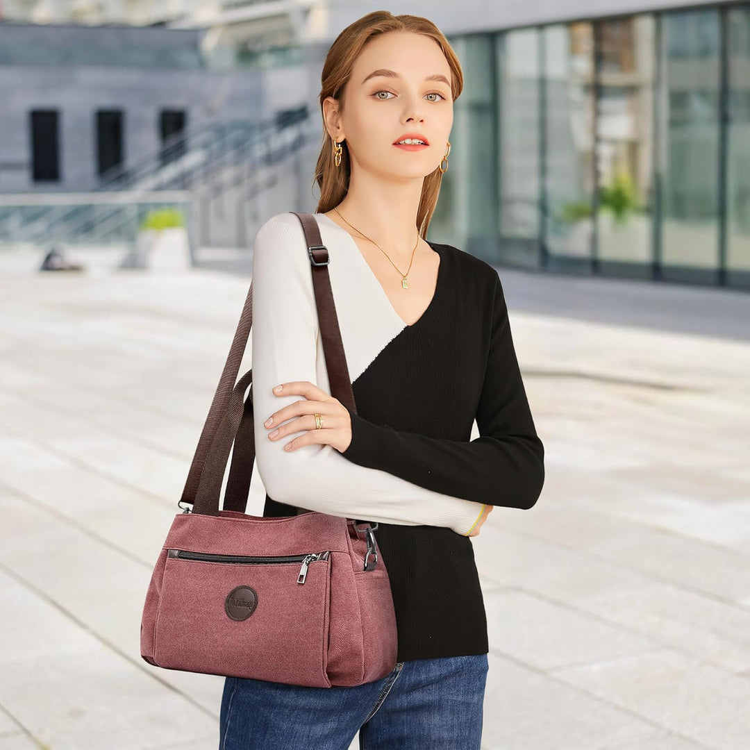 DIRRONA Canvas Tasche Damen – Vintage Handtasche Damen, Grosse Umhängetasche mit Mehreren Fächern, V
