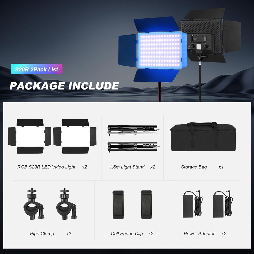 Soonpho 2-Pack RGB LED VideoLicht Set Panel Videoleuchte Barn Door 2500–8500K Dimmbare 20W Light Fot