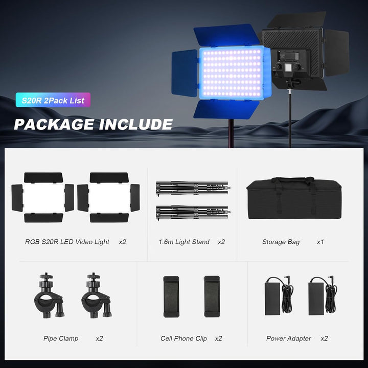 Soonpho 2-Pack RGB LED VideoLicht Set Panel Videoleuchte Barn Door 2500–8500K Dimmbare 20W Light Fot
