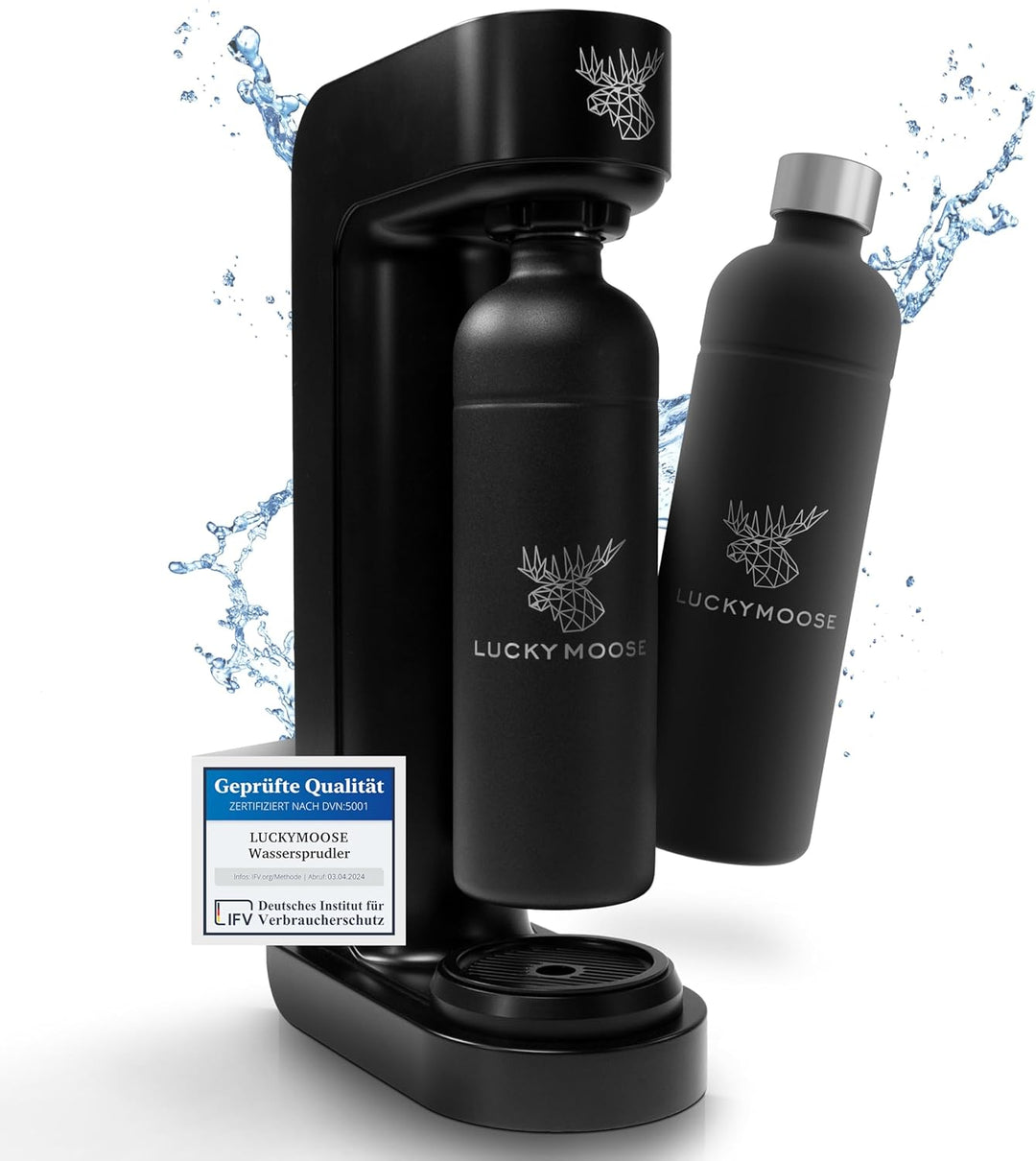Luckymoose® Infinity Wassersprudler mit 2x 1,25L Edelstahlflaschen - Spart bis zu 25% CO2 dank Stopp