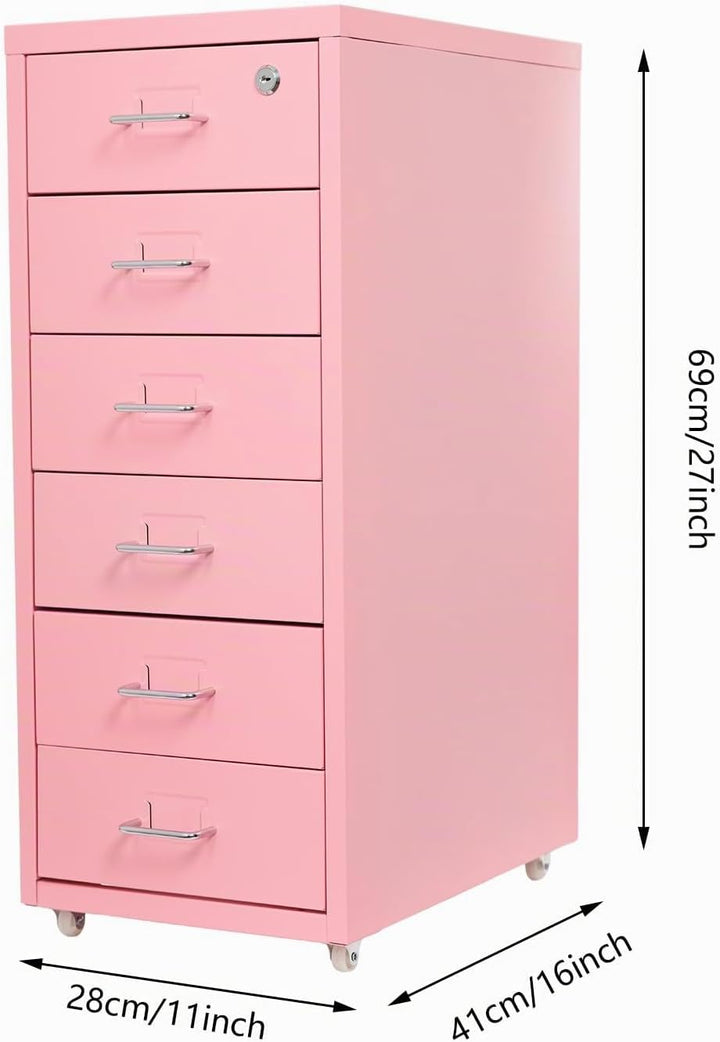 Aktenschrank Büroschrank mit 6 Schubladen(8-10kg Tragkraft pro Ebene),28x41x69cm Rollcontainer Schub