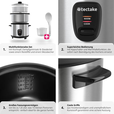 tectake® Reiskocher, Rice Cooker, Steamer Pot, Reis Maker mit Dampfgarer Einsatz, Topf, Kochtopf für