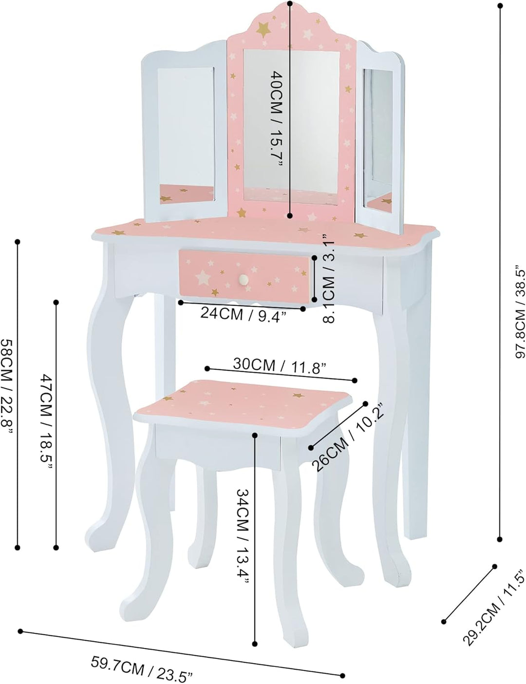 Teamson Kids Childrens Rosa Holz-Schminktisch und Hocker Spiegel TD-11670K Stern, Stern