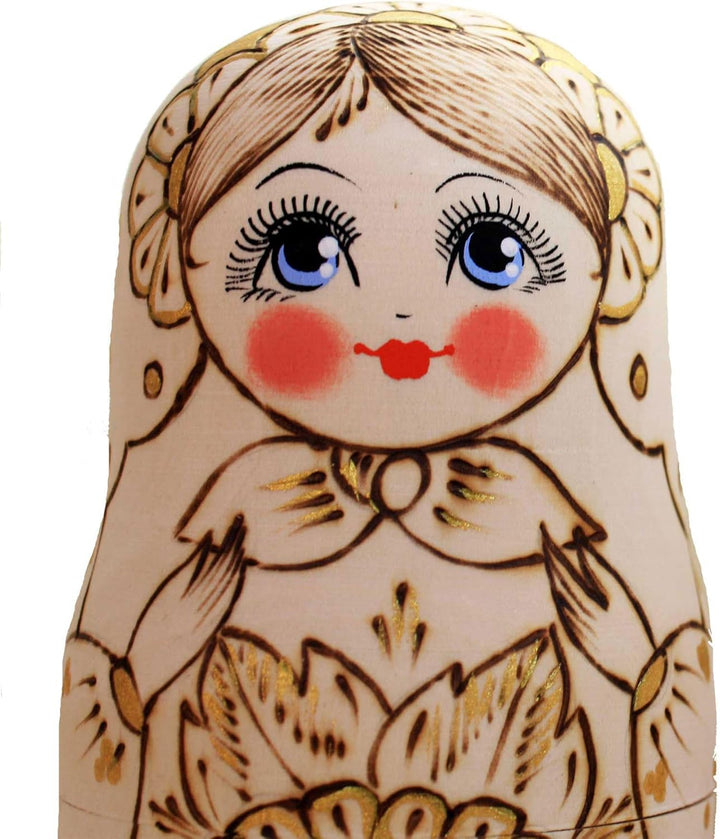 Semenowskaya Rospis Matroschka Babuschka Matryoshka Holz Figuren Sonnenblume 5 Puppen Holzbrandmahle