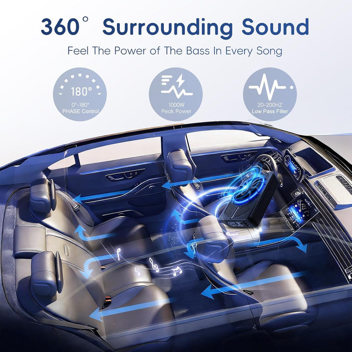 Rimoody 10 Zoll Flachbau Subwoofer Aktiv - 1000W Max Power, 120W RMS, Bass Boost, Untersitz Subwoofe