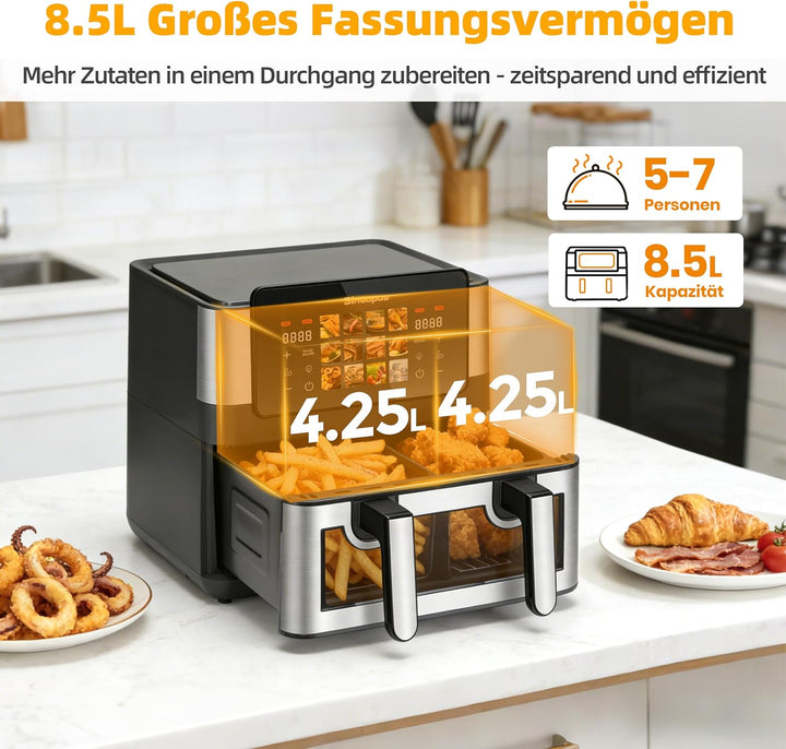 Heissluftfritteuse 2000W mit 2 Kammern XXL 8.5L, Airfryer mit Sichtfenster, LED Touchscreen, 60-200°