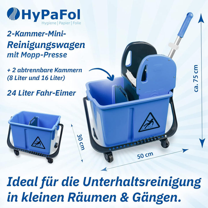 Hypafol Mini Reinigungswagen | Set 40 cm | 2-Kammer Putzwagen mit 24l Eimer mit Trennwand | mit Mopp