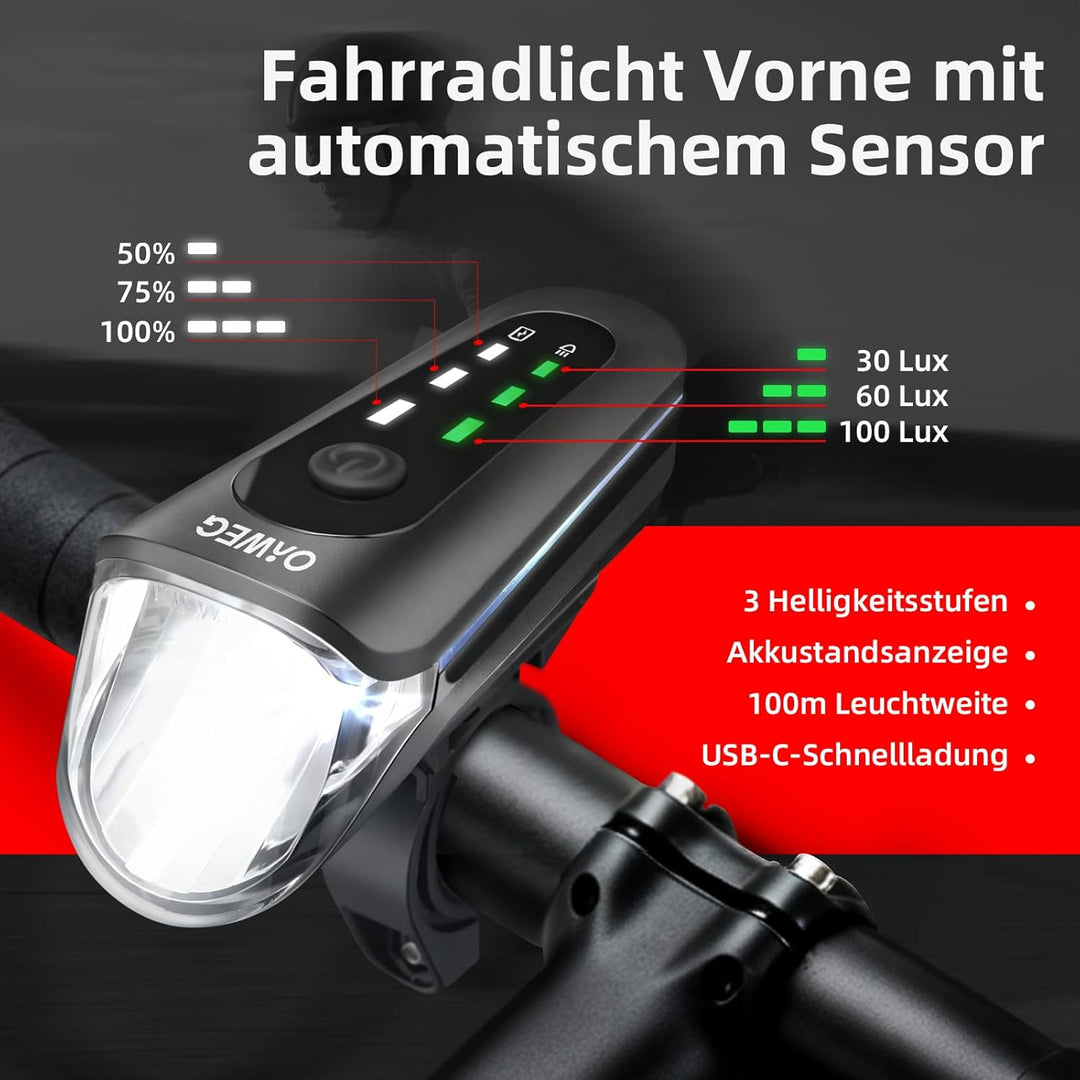 Fahrradlicht Set Fahrradleuchten-Set StVZO-zugelassen Beleuchtungsset, USB-C Aufladbar wasserdicht F