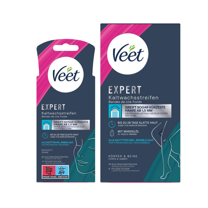 Veet Expert 40 Kaltwachsstreifen Körper & Beine + 20 Kaltwachsstreifen Gesicht zur Haarentfernung fü