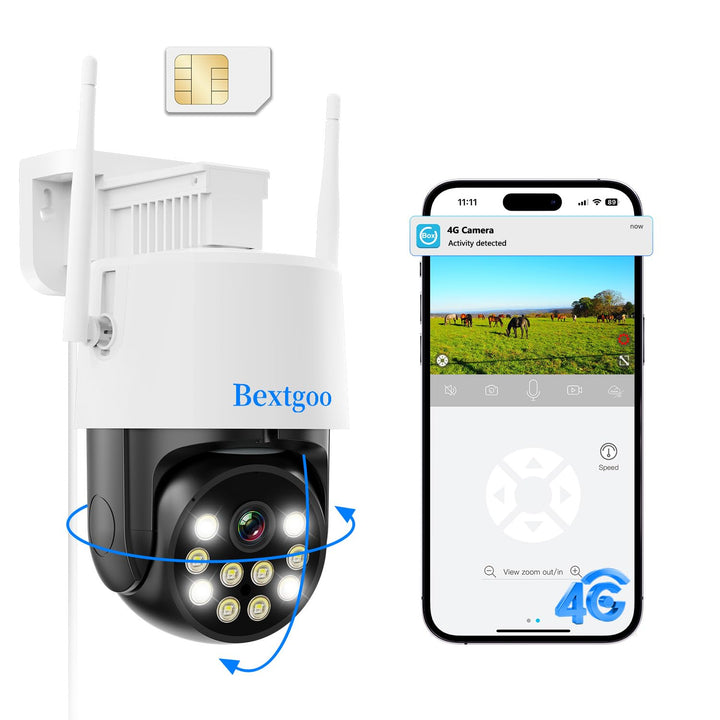 Bextgoo Überwachungskamera mit SIM Karte, 4MP 4G LTE Überwachungskamera ohne WLAN, 360° PTZ Blickwin