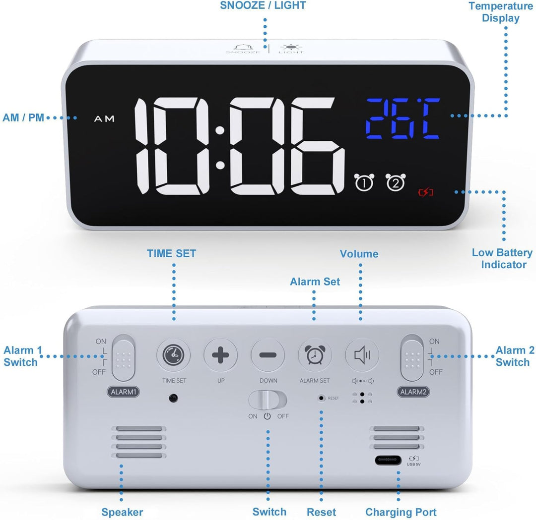 CHEREEKI Digitaler Wecker, LED Digitaluhr mit Temperaturanzeige Tragbarer Spiegelalarm Tischuhr mit