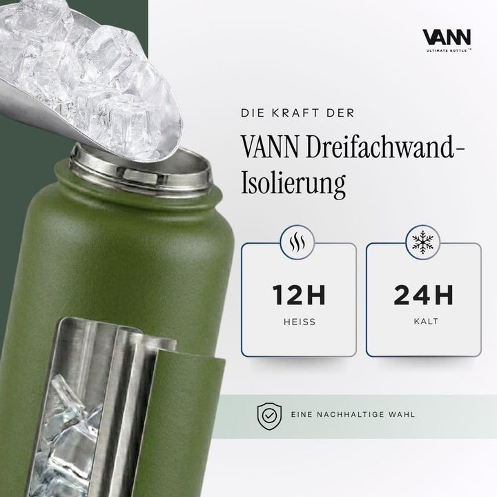 VANN Trinkflasche 1L mit Strohhalm - Thermosflasche isoliert [24h kalt, 12h warm] - Trinkflasche Ede