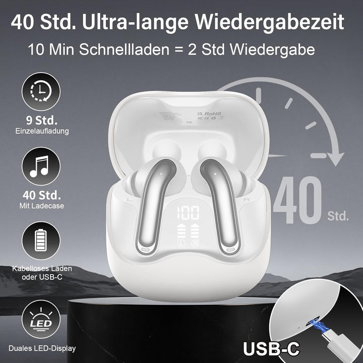 Bluetooth Kopfhörer mit Hybride Aktive Geräuschunterdrückung, In Ear Kopfhörer Kabellos Bluetooth 5.
