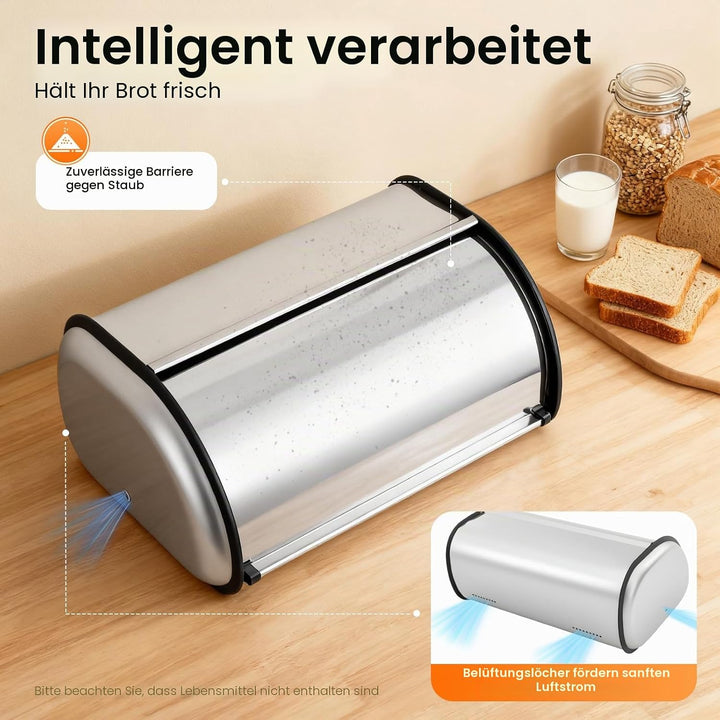 Brotkasten 410 Edelstahl Brotbox mit Rolldeckel Mückenresistente Brotaufbewahrungsbox Brotdose für B