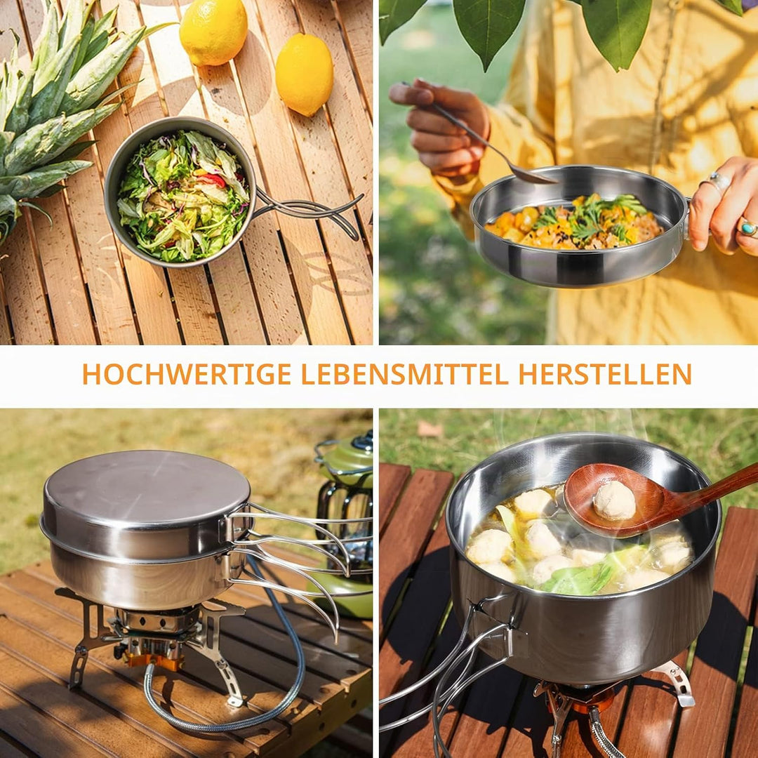 Lixada Camping Kochgeschirr Set 4-teiligtes Edelstahl Camping Topf Kompaktes Faltbare Campinggeschir