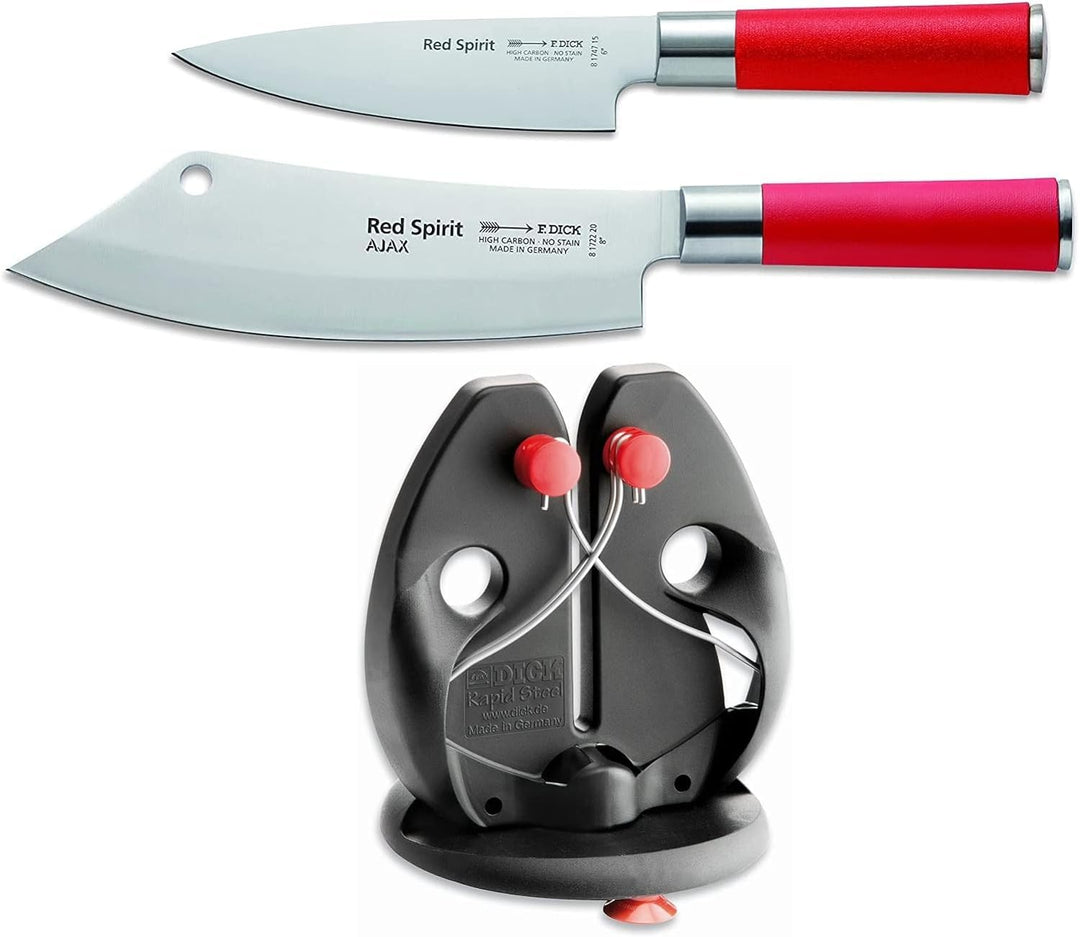 F. DICK Kochmesser-Set „Ajax“, Red Spirit (Messer 15 cm, Küchenmesser 20 cm, Messerschärfer Rapid St