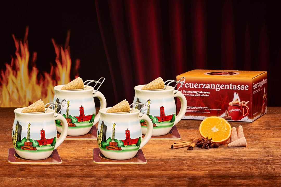 Feuerzangentasse 4er-Set, mit Rum (100ml) + ZimtZuckerHütchen (20er), Cremeweiss/Berlin - für Feuerz