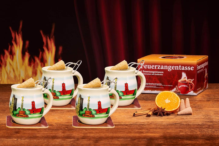 Feuerzangentasse 4er-Set, mit Rum (100ml) + ZimtZuckerHütchen (20er), Cremeweiss/Berlin - für Feuerz
