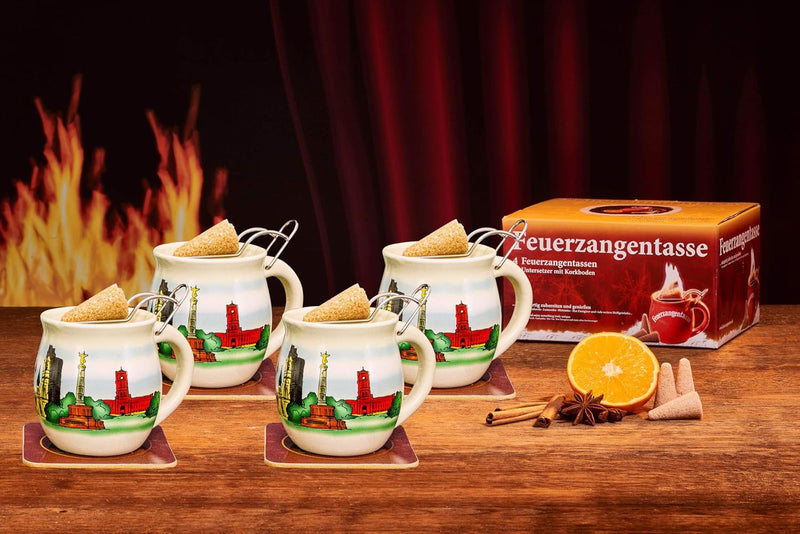Feuerzangentasse 4er-Set, mit Rum (100ml) + ZimtZuckerHütchen (20er), Cremeweiss/Berlin - für Feuerz