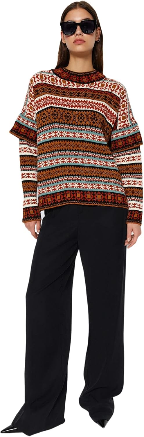 TRENDYOL Damen Oversize Basic Standing Collar Knitwear Sweater Pullover M Camel, M Camel