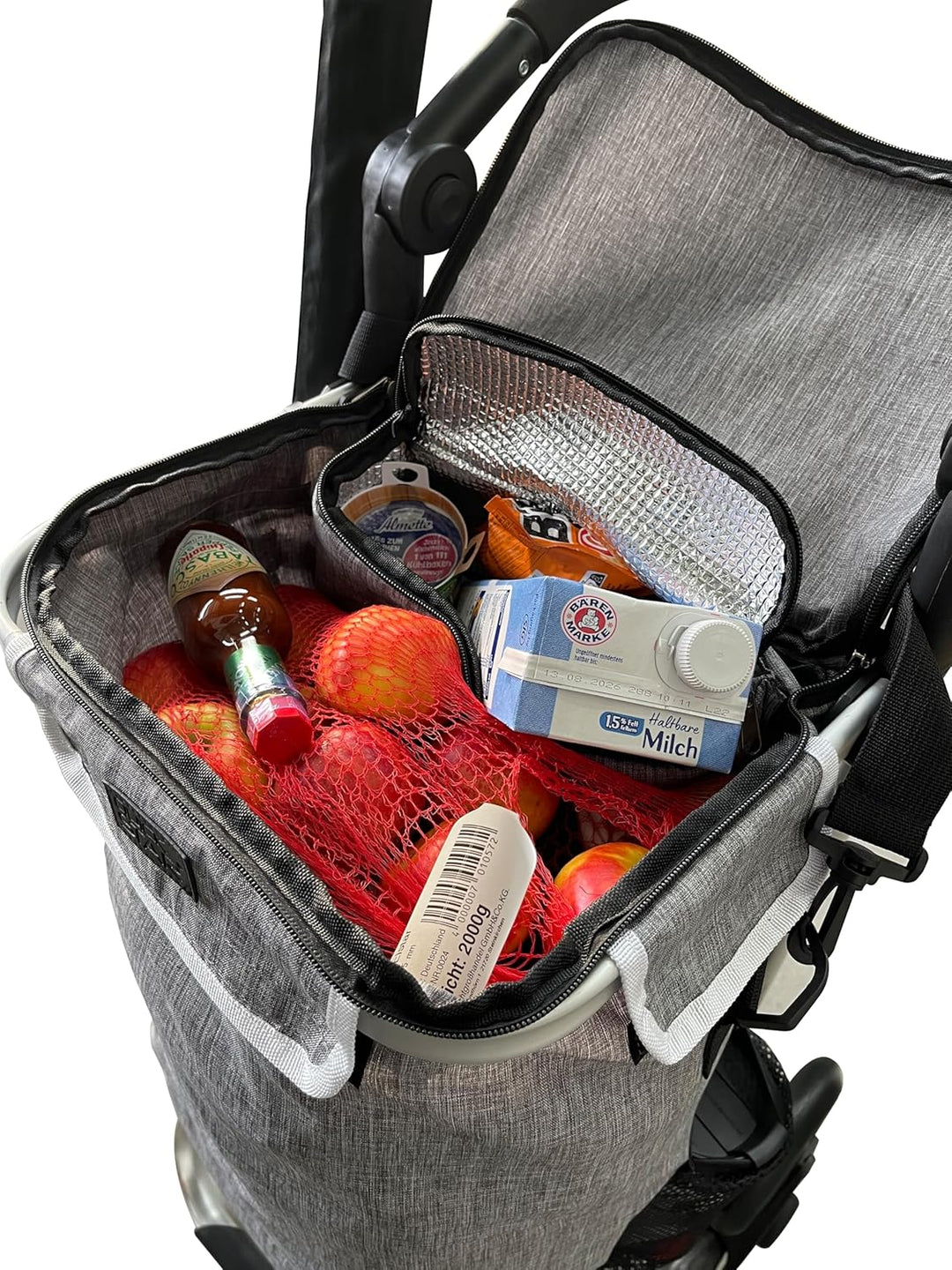 Faltbarer Aluminium Einkaufstrolley 57L (48L + 9L Kühlfach) Grau, 50kg Traglast, 35x45x98cm, Eva Tre