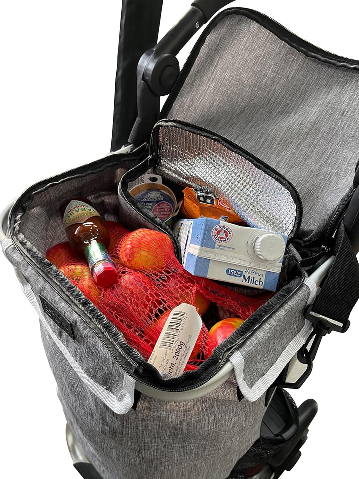 Faltbarer Aluminium Einkaufstrolley 57L (48L + 9L Kühlfach) Grau, 50kg Traglast, 35x45x98cm, Eva Tre