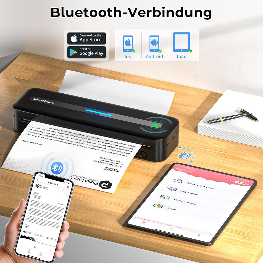 Mobiler Drucker A4 für Unterwegs, Tragbarer Drucker Thermodrucker A4 Wireless Bluetooth Inkless Hand