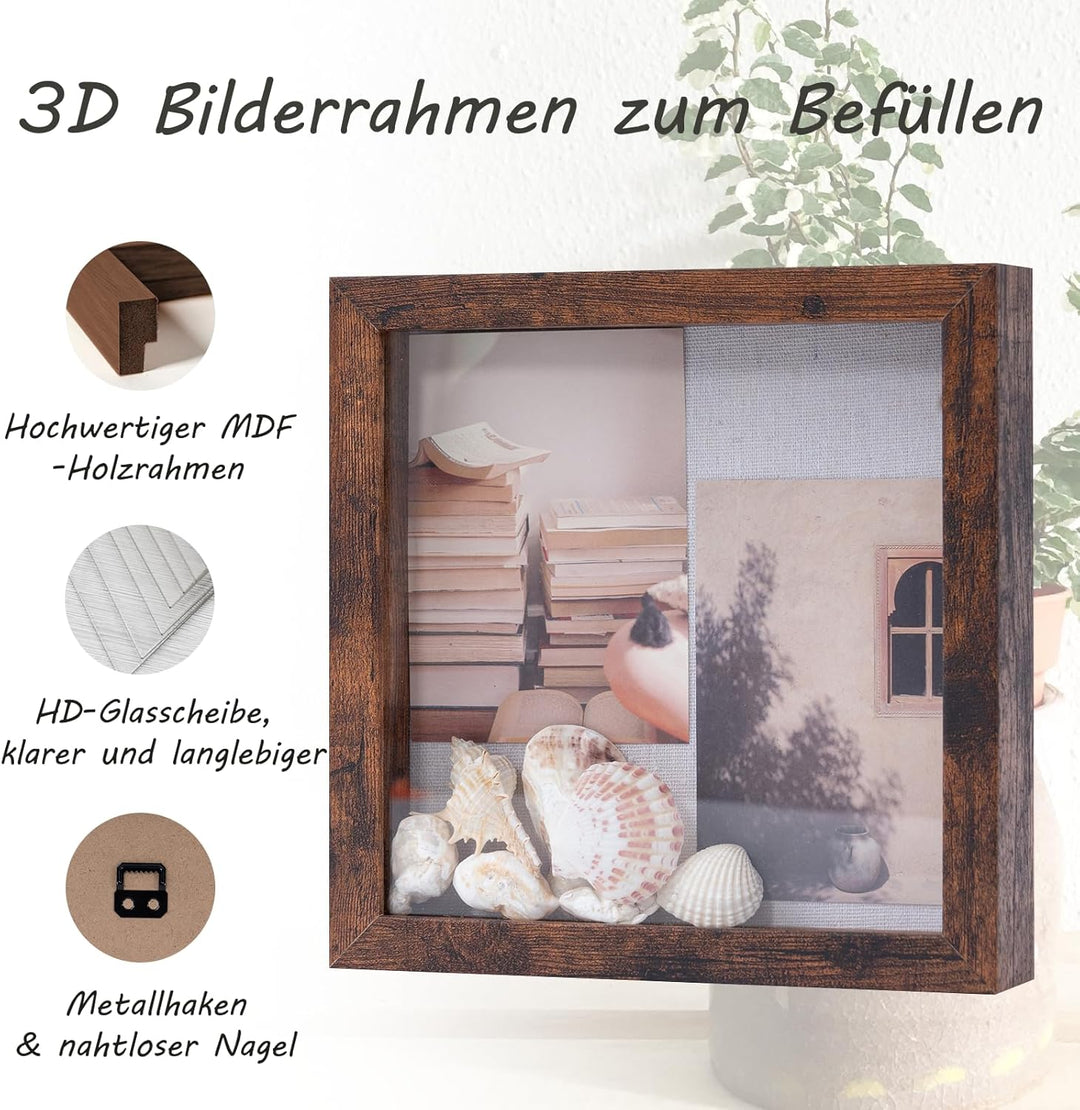 Muzilife 3D Bilderrahmen zum Befüllen mit Glasscheibe 22x22 cm-Tiefer Holz Rahmen, Objektrahmen Shad