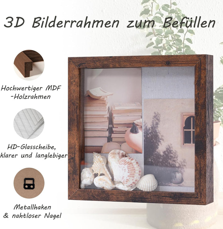 Muzilife 3D Bilderrahmen zum Befüllen mit Glasscheibe 22x22 cm-Tiefer Holz Rahmen, Objektrahmen Shad
