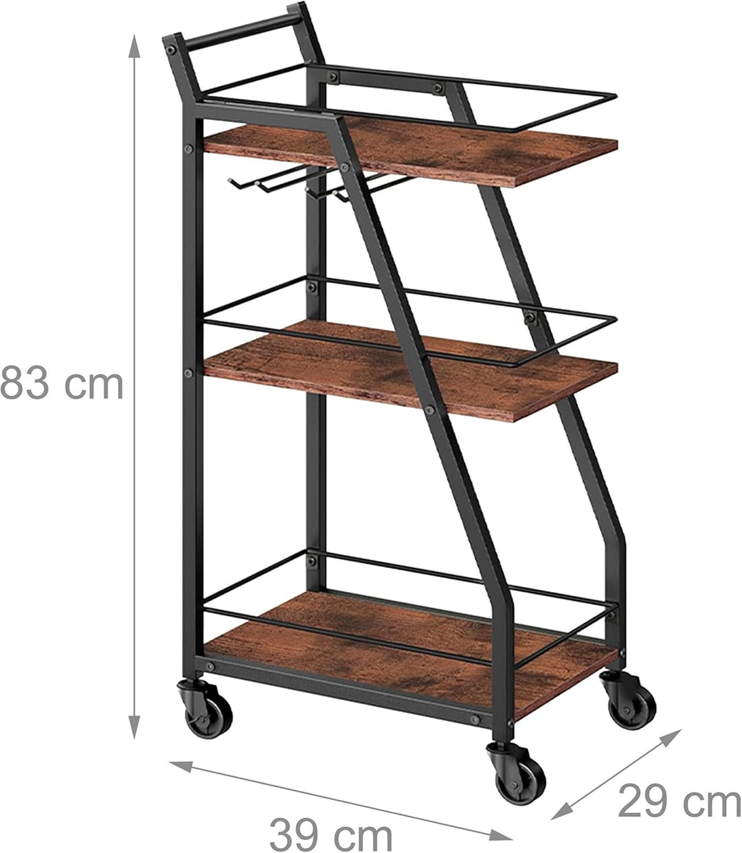 Relaxdays Küchenwagen, 3 Ebenen, Gläserhalter, Industrial, Rollwagen Küche, HBT 83x39x29 cm, Servier