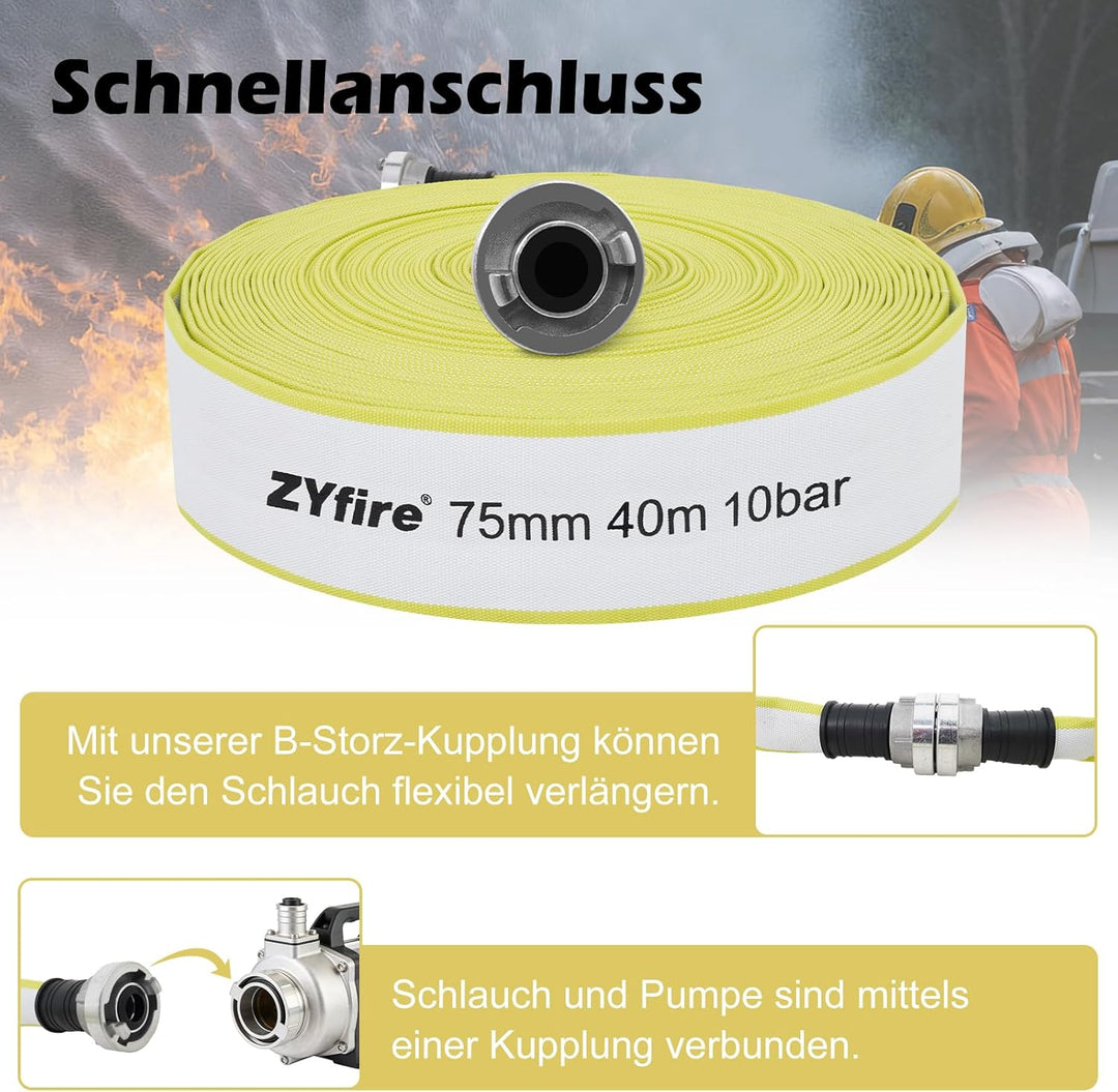 ZYfire Feuerwehrschlauch 75mm x 40m | 3 Zoll Schlauch mit B-Storz Kupplung | 10 Bar Betriebsdruck, -