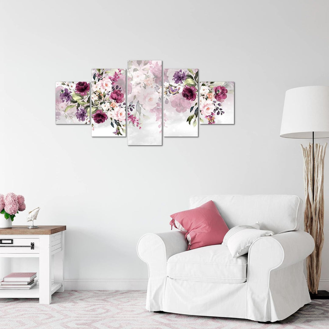 Runa Art Wandbilder Blumen 5 Teilig Bild auf Vlies Leinwand Deko Wohnzimmer Blumenmotiv Rosa Lila 02
