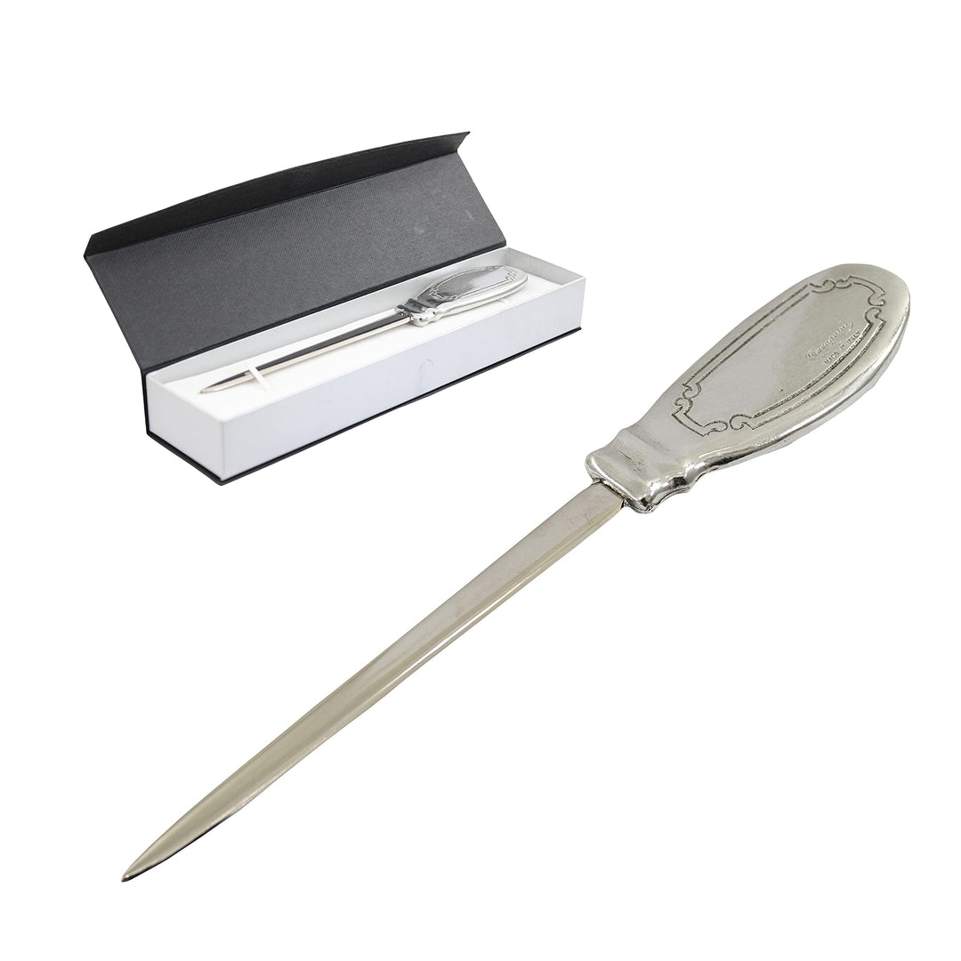 Cavagnini, Eleganter Brieföffner aus Edelstahl und Zinn, inklusive Geschenkbox (Teller) Piatto, Piat
