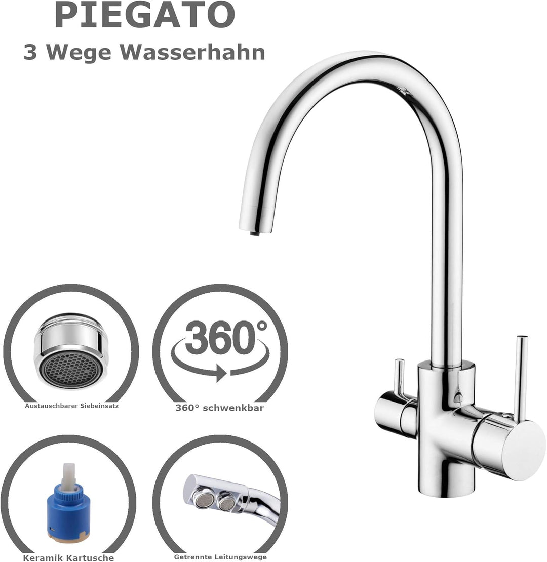 DEANTE 3-Wege Wasserhahn PIEGATO, Designer Küchenarmatur für Wasserfilter - Trinkwasserhahn - Chrom,