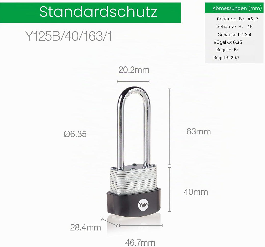 Yale Y125B/40/163/1, Hochsicherheit, 40 mm, laminierter Stahl, Vorhängeschloss, wetterfest, Bügel au